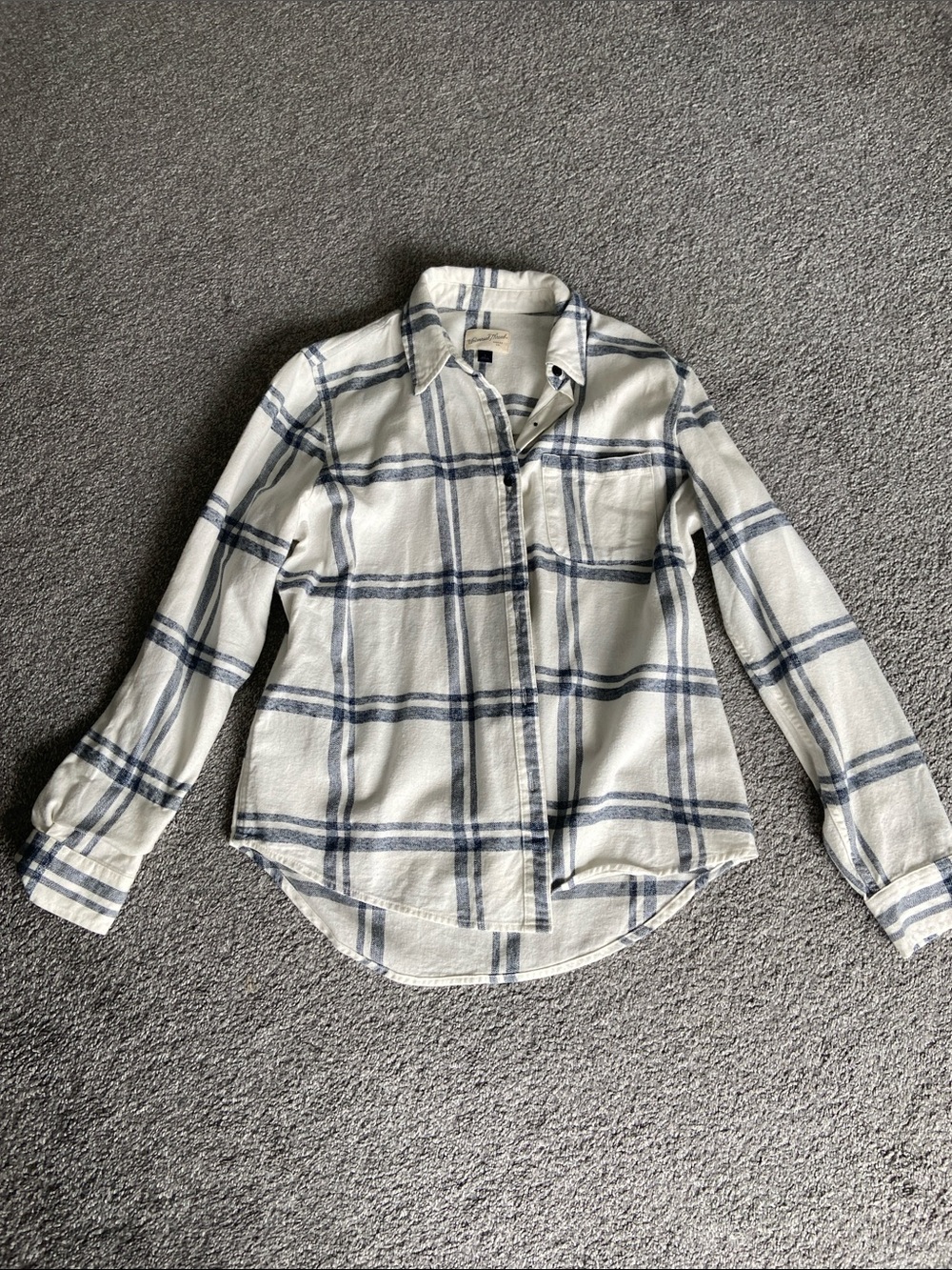 White and Navy Plaid Flannel Button-Down Shirt
